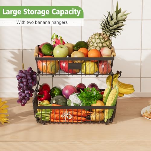 2 Tier Fruit Basket for Kitchen Counter with 2 Banana Hangers, Countertop Metal Bread Basket with Wooden Handle, Large Storage Stand for Vegetables, Snacks, Eggs, Produce Storage – Black - color: Black, size: 2 Tier