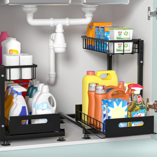 L-Shaped Under Sink Organizer, 2 Pack 2-Tier Pull Out Metal Kitchen Cabinet Organizer with Sliding Storage Drawer, Height Adjustable Heavy Duty Under Bathroom Sink Storage for Cleaning Supplies - color: Black V2.0, size: 2 Pack