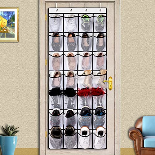 REGELETO 28 Large Pocket Over the Door Shoe Organzier, Hanging Shoe Rack for Door Large Capacity Shoe Organizer Holder with 4 Metal Hooks. - color: white-1pack of 28