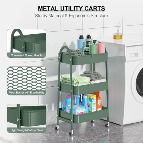 EAGMAK 3 Tier Utility Rolling Cart, Metal Storage Cart with Handle and Lockable Wheels, Multifunctional Storage Organizer Trolley with Mesh Baskets for Kitchen, Living Room, Office, Garage (Jungle) - color: Jungle Green, size: Normal