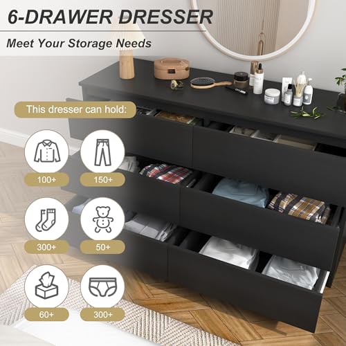 Spaco Black Dresser for Bedroom,Modern 6 Drawer Dresser with Deep Drawer,Wide Storage Chest of Drawers,Bedroom Storage Organizer Furniture,TV Stand for Living Room - color: Black, size: 6 Drawers