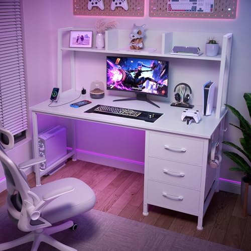 DLisiting White Computer Desk with Hutch & Drawers - 47 Inch Modern Study Writing Office Desk with 3 Storage Drawers and Power Outlets for Bedroom Home Office - color: White