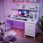 DLisiting White Computer Desk with Hutch & Drawers - 47 Inch Modern Study Writing Office Desk with 3 Storage Drawers and Power Outlets for Bedroom Home Office - color: White