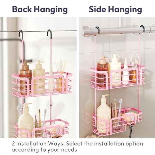SWTYMIKI Shower Caddy Hanging Organizer - Over the Door Shower Caddy with Soap Holder, 11 Hooks, 2 Installation Ways, Stainless Steel Rustproof Bathroom Organizer, Pink - color: Pink