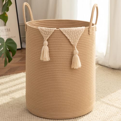 OIAHOMY Large Laundry Basket Hamper - 60L Cotton Rope Woven Basket for Blankets, Toys, Clothes - Tall Decorative Nursery Hamper with Long Handles, Yellow - color: Yellow, size: 60L