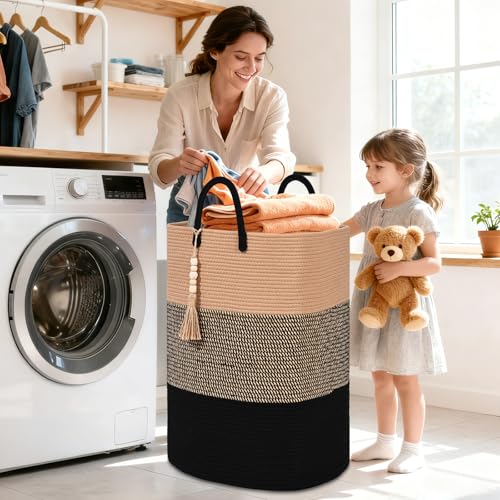 Woven Laundry Basket for Clothes, 65L Large Rectangle Laundry Hampers with Beads Tassel, Nursery Storage Basket for Toys, Tall Dirty Clothes Hamper for Bedroom Aesthetic, Laundry Room Organization - color: Brown&Black, size: 65L
