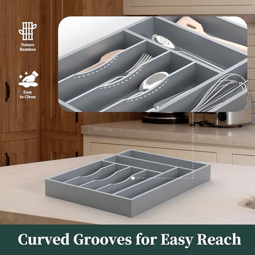 Bamboo Silverware Organizer, Kitchen Drawer Organizer, Utensil Holder, Cutlery Tray & Spoon Flatware Storage with Grooved Drawer Dividers (Grey, 12.5''W x 16.5''D) - color: Grey, size: 12.5''W x 16.5''D