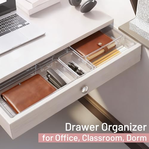 12 Pack Large Drawer Organizer Bins - Clear Plastic Bathroom Drawer Organizer Trays - Heavy Duty Kitchen Drawer Dividers for Utensils - Non-Slip Storage Bins for Makeup, Bedroom, Office Desk - size: 12 Pack