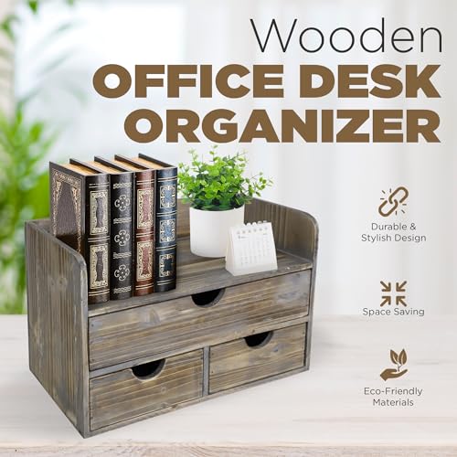 Besti Wooden Office Desk Organizer - Organizing Tool for Desktop, Cubicle, Bedroom, Kitchen - Vintage Style Organization Caddy with Top Tray Shelf & 3 Drawers - 13.6x9x7 Inches (Rustic) - color: Rustic