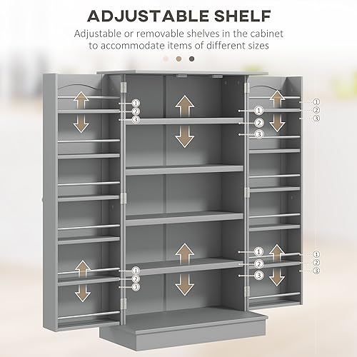 HOMCOM 41" Kitchen Pantry Storage Cabinet, Freestanding Kitchen Cabinet with 12 Door Shelves, Double Doors, 5-Tier Shelving and Adjustable Shelves, Gray - color: Grey, size: 41"H
