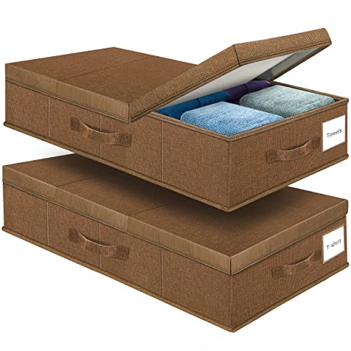 Supowin Underbed Storage Containers Bin with Lids (2pcs) Large Under Bed Storage Organizer Box with Handle, Foldable Under the Storage Bags for Organizing Clothes, Shoes, Blankets, Pillows-Dark brown - color: J-Dark brown