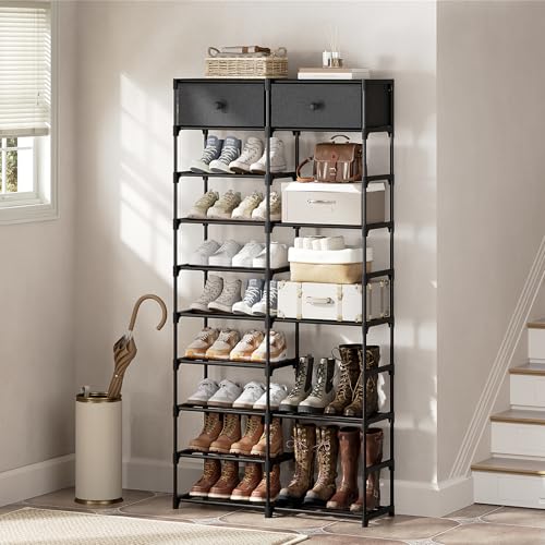 Tall Shoe Rack, 10 Tier Shoe Rack Organizer with 2 Large Drawers, Shoe Storage for 36-40 Pairs, Sturdy Metal Shoe Shelf Shoe Stand for Closet Entryway, Black Grey - color: Black Grey, size: 10 Tier