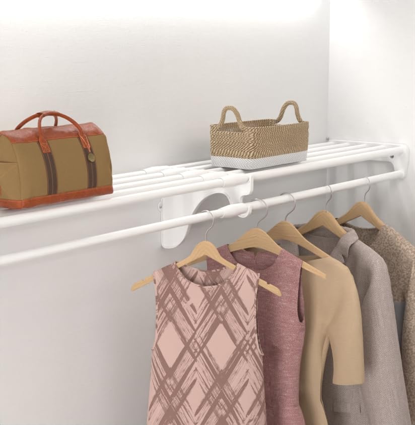 EZ SHELF - Hanging Shelf - Closet Rod - Expands 63.3-118” - White, Closet Shelves - Strong, Holds 200 lbs - DIY, Easy Install - to 2 Side Walls - Alternative to Wire Shelving - color: White, size: 64 in-118 in