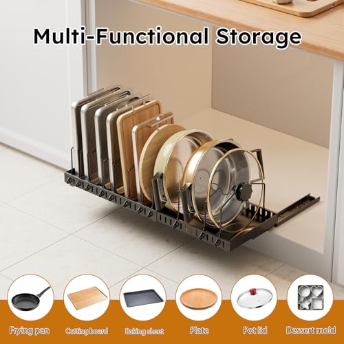DTUQYX Pull-out Pots and Pans Organizer Under Cabinet - 1 Pack Expandable Pot and Pan Organizer Rack with 12 Adjustable Dividers for Pot, Cutting Board, Dishes, Lid, Baking Tray