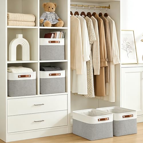 Bagnizer Storage Bins Large Fabric Storage Baskets for Shelves 3 Pack, Decorative Linen Closet Baskets with Handles for Organizing, Shelf, Clothes, Home, Office, 15x11x9.5Inches (Grey&White) - color: Gray / Off-White, size: Large -15"x11"x9.5"
