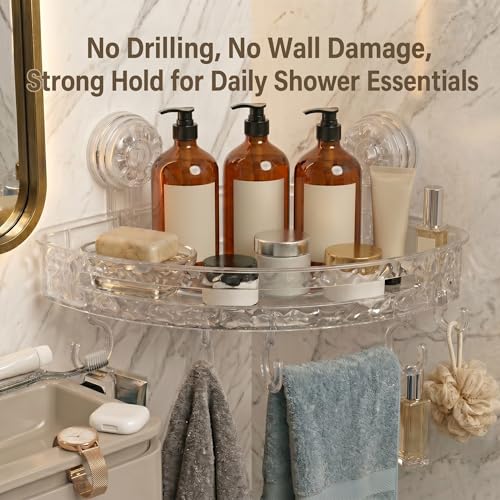 Corner Shower Caddy with Strong Suction Cups, No-Drill 90° Corner Shower Organizer with Hooks, Removable Wall Mounted Shelf for Tile, Glass & Metal (White/Clear)