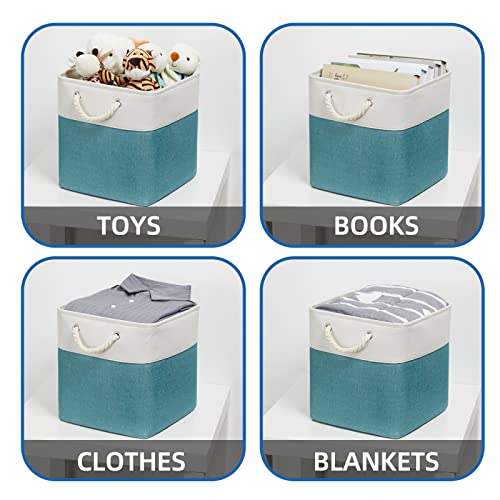 Temary Cubes Storage Baskets 12 Inch Cube Storage Bins for Shelf, Fabric Storage Cubes for Gift Empty Baskets for Home, Collapsable Box Basket for Storage (White&Teal) - color: white&teal, size: 12"L x 12"W x 12"H