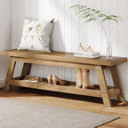 Tribesigns 55" Wood Entryway Bench with Shoe Storage, Large 2-Tier Narrow Hallway Foyer Seating Bench with Open Shelves for Entryway, Bedroom, Mudroom - color: Light Walnut