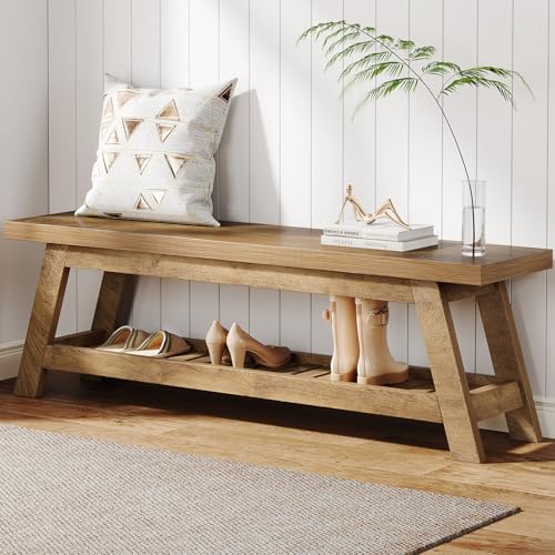 Tribesigns 55" Wood Entryway Bench with Shoe Storage, Large 2-Tier Narrow Hallway Foyer Seating Bench with Open Shelves for Entryway, Bedroom, Mudroom - color: Light Walnut