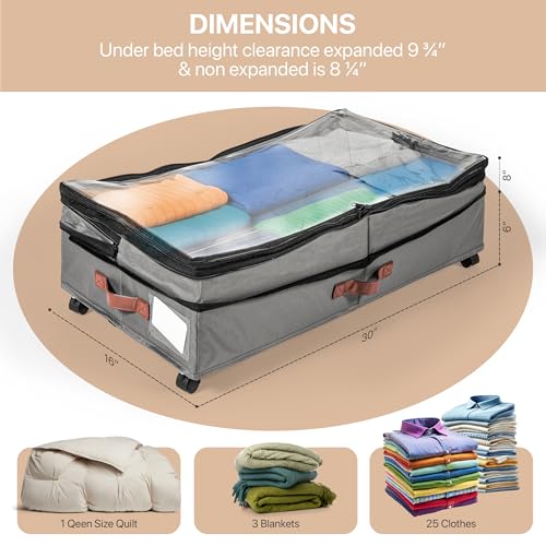 Expandable Under Bed Storage with Wheels 2 Pack – Large Under Bed and Closet Storage - Expandable Storage Bins with Lid & Dividers, Low Profile Storage Solution for Clothes, Shoes Great for Dorm Rooms