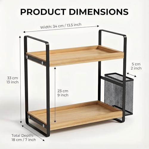 LEMIKKLE 2-Tier Wood Bathroom Counter Organizer with Basket,Waterproof Vanity Perfume Skincare Storage for Bathroom, Kitchen, Dresser - color: Light Brown
