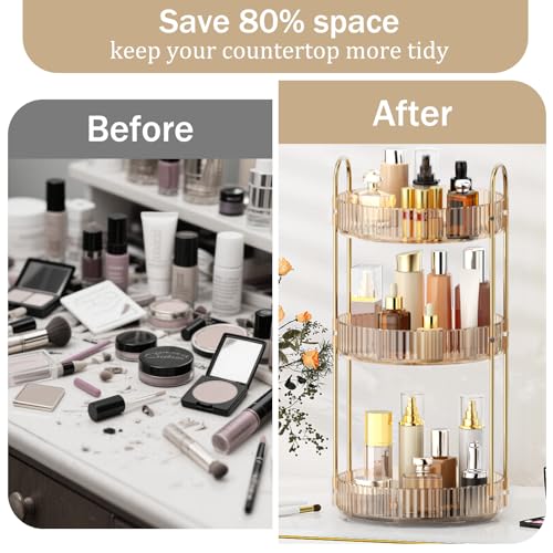 MOKANI 360 Rotating Makeup Organizer for Vanity, 3 Tier Adjustable Perfume Organizer for Dresser, Multi-Function Spinning Cosmetics Skincare Storage for Bedroom, Dresser, Countertop, Amber - color: C-Amber, size: 3 Tier
