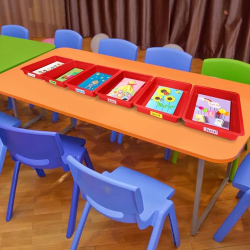 ShineMe 6 Pack Paper Trays for Classroom, Red Plastic Book Bins with Colorful Labels, Stackable Letter Size Storage Tray, Desk Organizer Tray for Home, School and Office - color: Red
