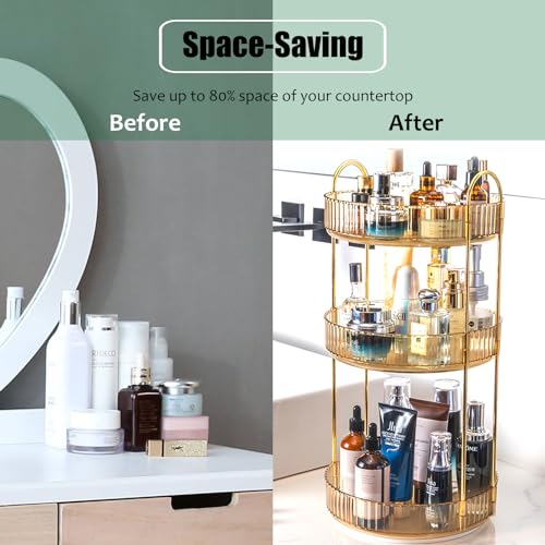 Rotating Makeup Organizer Countertop 3 Tier Lazy Susan Trays Clear Skincare Perfume Storage for Bathroom Counter Vanity, Amber Gold - color: Amber, size: 3 Tier