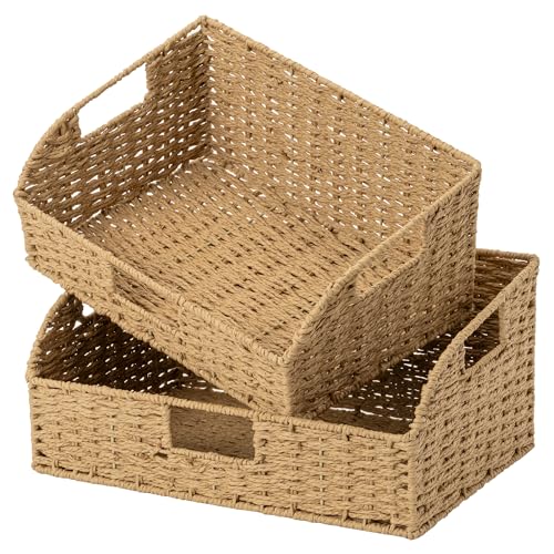 StorageWorks Pantry Baskets for Organizing, Paper Rope Storage Baskets for Shelves with Built-in Handles, Pantry Organizers and Storage, Natural, Set of 2 (Large and Medium) - color: Light Brown(Paper Rope), size: 15¾"L x 11"W x 7½"H + 14¼"L x 9¾"W x 6¾"H