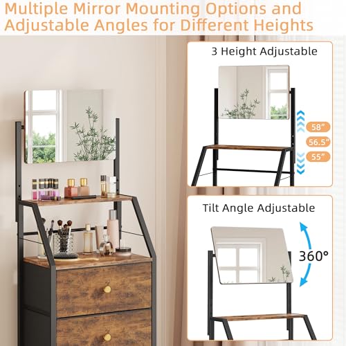 HIGDBFE 4-Drawer Dresser with Mirror, Vanity with 2-Tier Shelves, Fabric Chest of Drawers for Small Space, Vertical Storage Cabinet for Bedroom, Nightstand Bedside Table, Rustic Brown, 15.3" W - color: Rustic Brown
