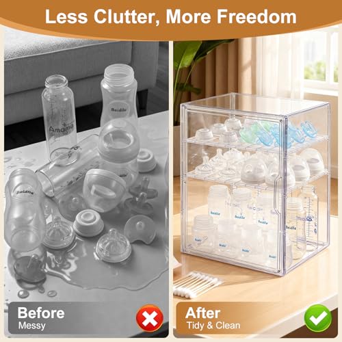 ERTIUANIO Baby Bottle Organizer – 3 Tier Bottle Storage Organizer Baby for Nipples, Pump Parts, Food Jars – Clear Acrylic Bottle Station Organizer for Countertop and Kitchen, Gifts for New Mom - size: X-Large, style: 3-Tier Single-Door
