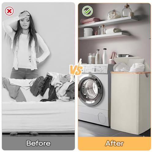 BALEINE Laundry Hamper with Lid, Tall Laundry Baskets with Bamboo Pull Handles, Large Laundry Bin with Internal Support (18 Gal/70L, Beige) - color: Beige, size: 70 liters
