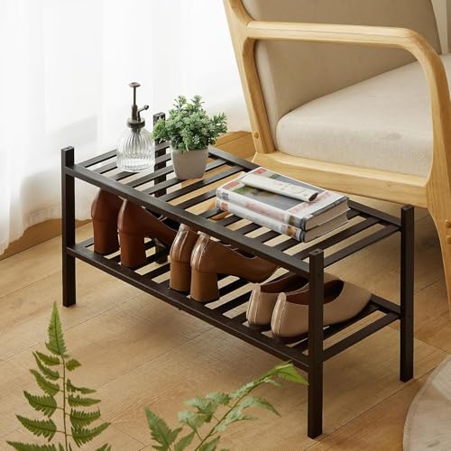 2-Tier Bamboo Shoe Rack for Entryway, Stackable | Heavy Duty | Multi-Function, Free Standing Shoe Racks for Bedroom Hallway Closet - color: Brown, size: 2-Tier-Standard