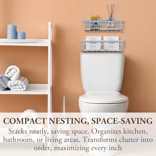 MyGift 13 and 12 Inch Nesting Storage Baskets with Handles, Wall Mounted or Tabletop White Metal Wire and Premium Acacia Wood Decorative Shelf Organizer Bins, 2 Piece Set - color: White, Acacia Wood