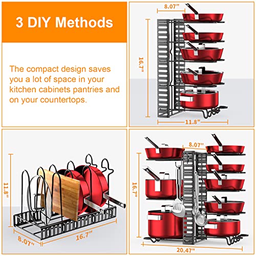 Pots and Pans Organizer for Cabinet with 2 Hooks, Adjustable Pot and Pan Organizer Rack for Cabinet 8 Tiers Durable Steel Construction Pot Rack Space Saving Kitchen Storage