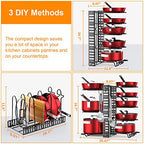 Pots and Pans Organizer for Cabinet with 2 Hooks, Adjustable Pot and Pan Organizer Rack for Cabinet 8 Tiers Durable Steel Construction Pot Rack Space Saving Kitchen Storage