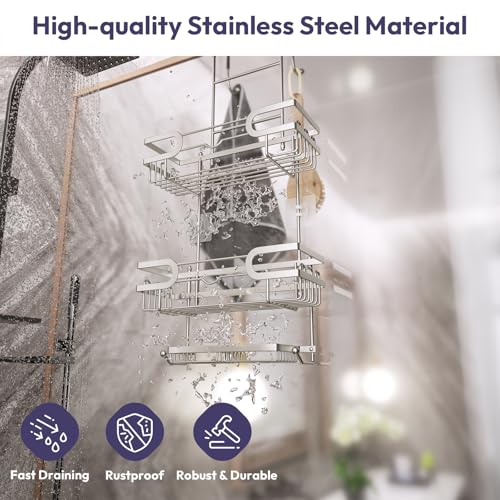 SWTYMIKI Over The Door Shower Caddy - Stainless Steel Hanging Shower Organizer With Soap Holder & 16 Hooks No Drilling Hanging Caddy Over Door To Organize Bathroom Essentials, Sand Nickel - color: Sand Nickel