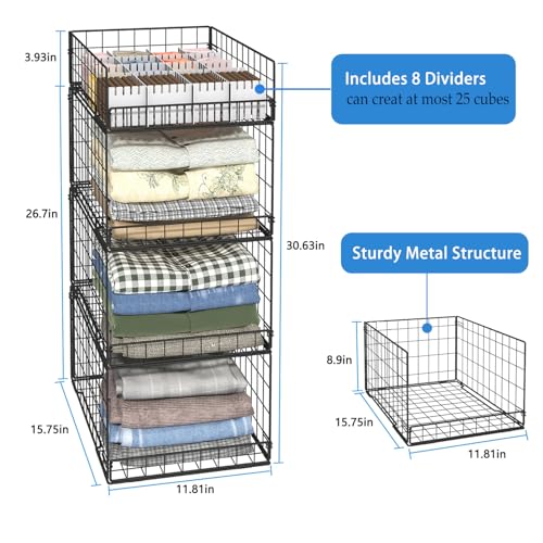 4 Pack Closet Organizers and Storage Shelves for Clothes, 4 Tier Stackable Closet Storage Basket Bin Container for Clothing Sweater Jean, Narrow, Foldable, Sturdy Metal System Organizer Shelf - color: Black