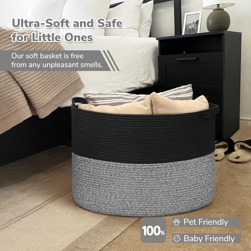 INDRESSME 115L Extra Large Cotton Rope Blanket Basket, Woven Basket for Toy Storage Organizer & Laundry Toy Box for Living Room Area & Nursery Room, Black & Grey - color: Black & Grey, size: 23.6"D x 15.7"H
