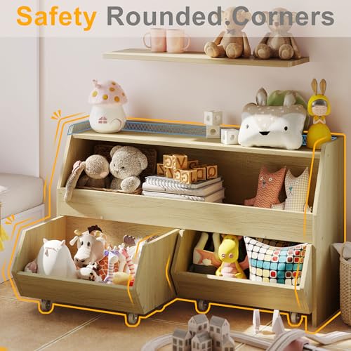 Fulhope Toy Storage Organizer for Kids, Toy Storage Cabinet with Drawers, Boys and Girls Toy Shelf with Wheels, Toy Organizer Kids Bookshelf with Storage for Nursery, Playroom, Bedroom (Burlywood) - color: Burlywood