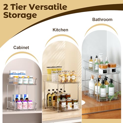 Incostar 2 Tier Pull-Out Organizer for Bathroom Kitchen, Under Sink Storage with Dividers, Ideal for Cabinet, Cupboard Organization, Slide-Out Clear Storage, 2 Pack - style: 2 Pack 2Tier