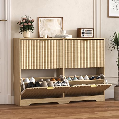 HUANLEGO Shoe Cabinet Storage for Entryway with 4 Flip Drawers, Oak Fluted Shoe Cabinet with Adjustable Shelves, Wooden Hidden Shoes Rack Freestanding Narrow Slim Shoes Storage for Hallway, Entrance - color: Oak, size: 4 Drawer without Bench