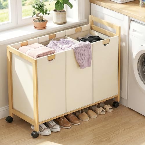 Homykic 250L Laundry Sorter Cart with Wheels, 3-Section Rolling Laundry Basket with Removable Bags, 66 Gal Large Laundry Hamper Organizer, Heavy Duty Bamboo Frame, Water-Resistant, Black - color: Creamy White