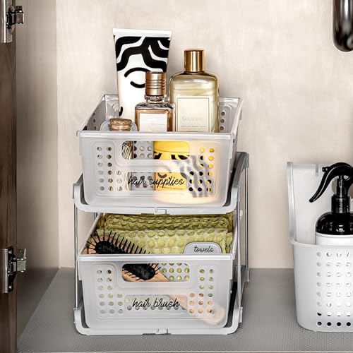 madesmart Premium 2 Tier Organizer, Under Cabinet Storage with Pull Out Sliding Drawers, for Cleaning Supplies, Undersink, Sponges, Bottles & Bath, Adjustable Dividers & Pull Out Baskets, Frost - size: 1-Pack
