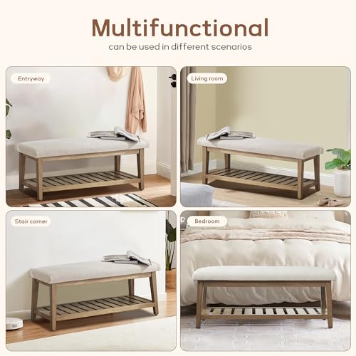 Zihanhome Entryway Bench, Chenille Upholstered Shoe Benches for Bedroom, Ottoman Bench with Solid Wood Shelf, Storage Benches for Hallway, Living Room(Beige) - color: Beige