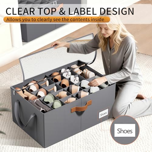 2 Pack Shoe Organizer for Closet, Foldable Shoe Storage Organizer with Clear Cover, Lable and Reinforced Handles, Space Saving Shoes Box Fits up to 20-40 Pairs, Gray - color: Gray-2 Pack, size: 25 ½"L x 17"W x 12 ½"H