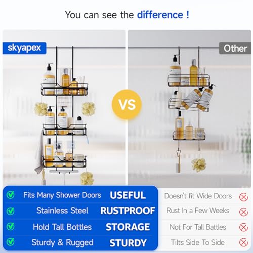 Skyapex Shower Caddy Over the Door Organizer: Bath Rack Hanging Over Glass with Hooks - Storage Shelf Inside Bathroom for Shampoo - Matte Black - color: Matte Black