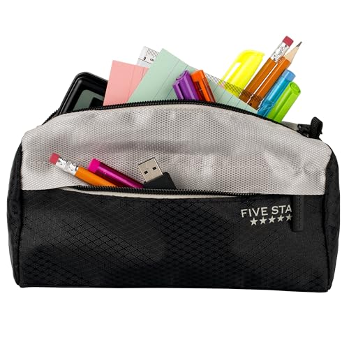 Five Star Pencil Pouch, Pen Case, 9-Pocket Zipper Pouch, Storage Organizer for School Supplies Earbuds Chargers Cables Makeup, Black/Grey (505600A-ECM) - color: Black/Grey, size: 8"L x 4"W x 3"H