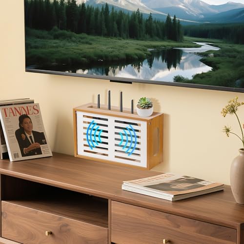 Router Shelf Wall Mount, WiFi Router Box Hider & Modem Storage Box with Cable Holes | Cable Management Organizer for Router, Modem, Power Strip | Light Brown, 13.9"x4.33"x7.68"