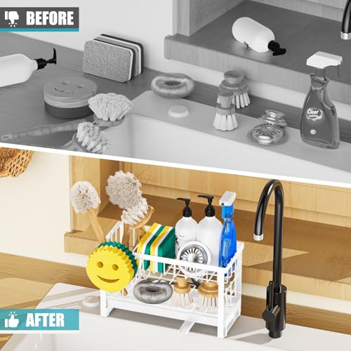 Sponge Holder for Kitchen Sink with Flexible Sponge Holder Smiley Face,2 Tier Kitchen Sink Organizer Countertop and Storage Essentials,Soap Dispenser Organize,Home Decor Accessories-White - color: 2 Tier White